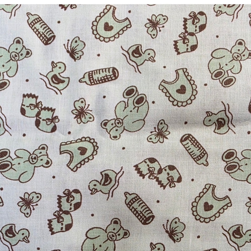 Vintage Textile Nursery Print Green Brown Teddy Bear Duck Fabric 44 x 1 yd